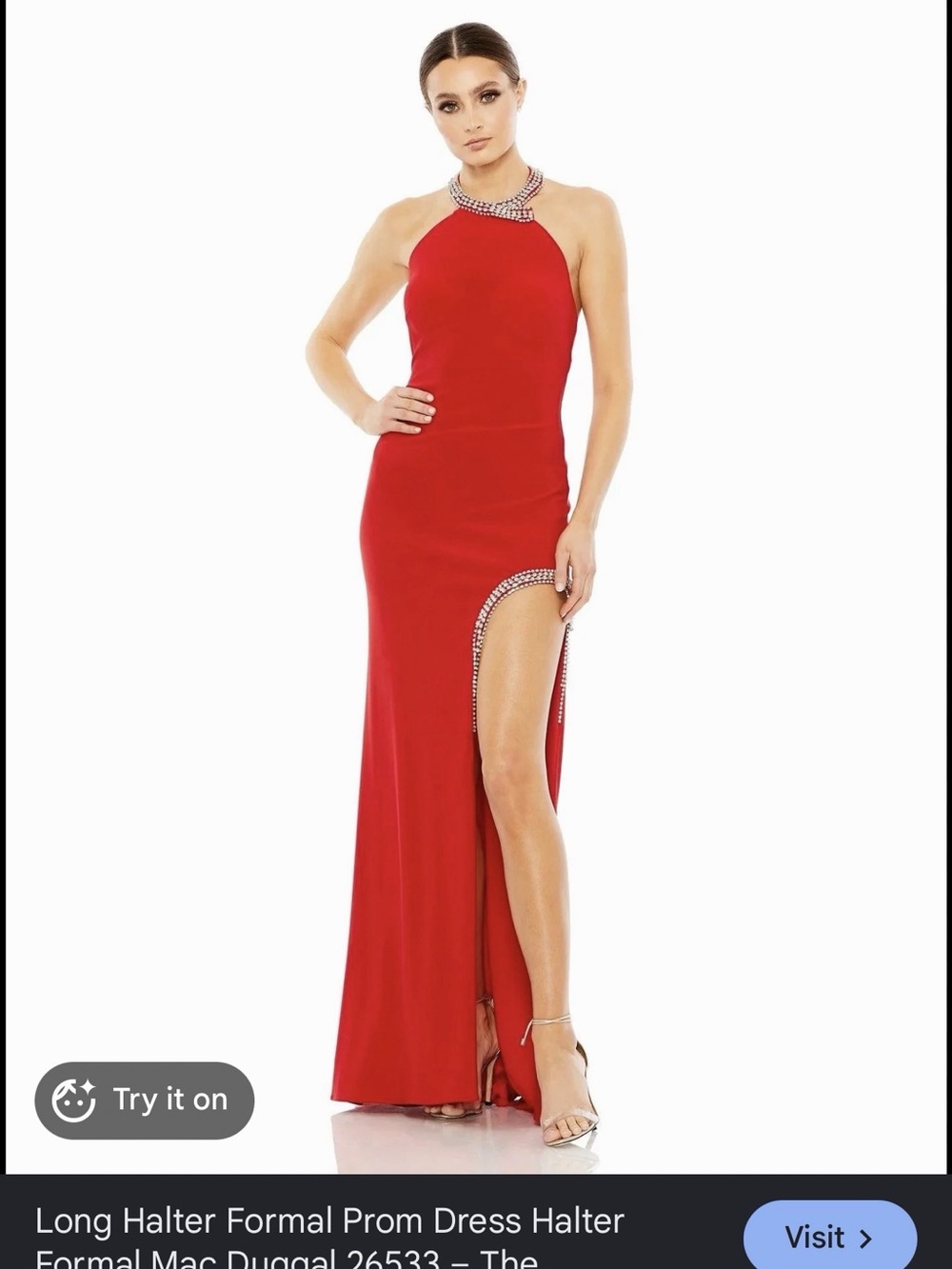 Mac Duggal Red Halter Gown with Crystal Embellished Slit